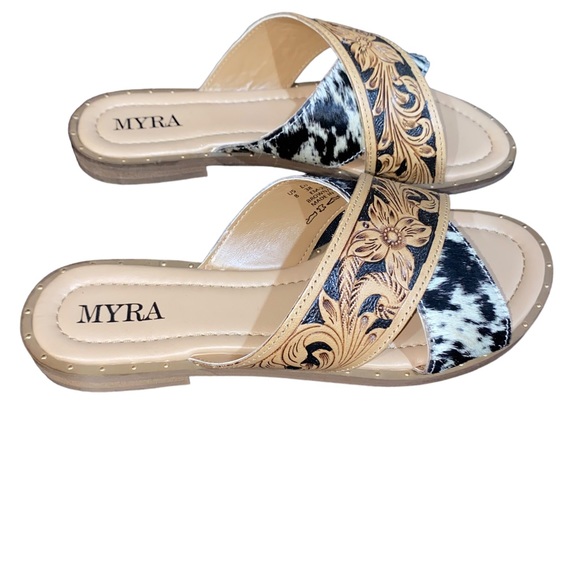 Cowhide and Tooled Leather Sandals - Picture 2 of 2